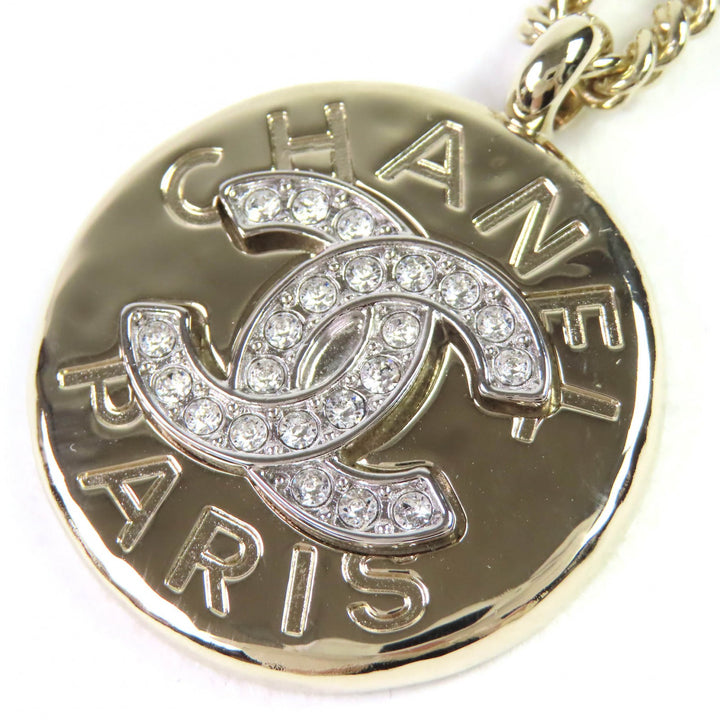 未使用品△CHANEL シャネル B25A ココマークラインストーン ロゴ メダルトップ ペンダント ネックレス ゴールド 箱・保存袋付き 伊製