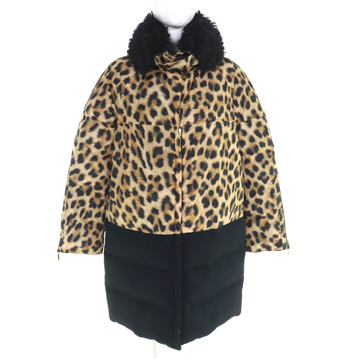 美品△MONCLER GAMME ROUGE モンクレール ガムルージュ FLAVIENNE ロゴ金具 ラムファー付き レオパードプリント ロングダウンコート 1