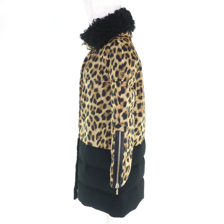 美品△MONCLER GAMME ROUGE モンクレール ガムルージュ FLAVIENNE ロゴ金具 ラムファー付き レオパードプリント ロングダウンコート 1