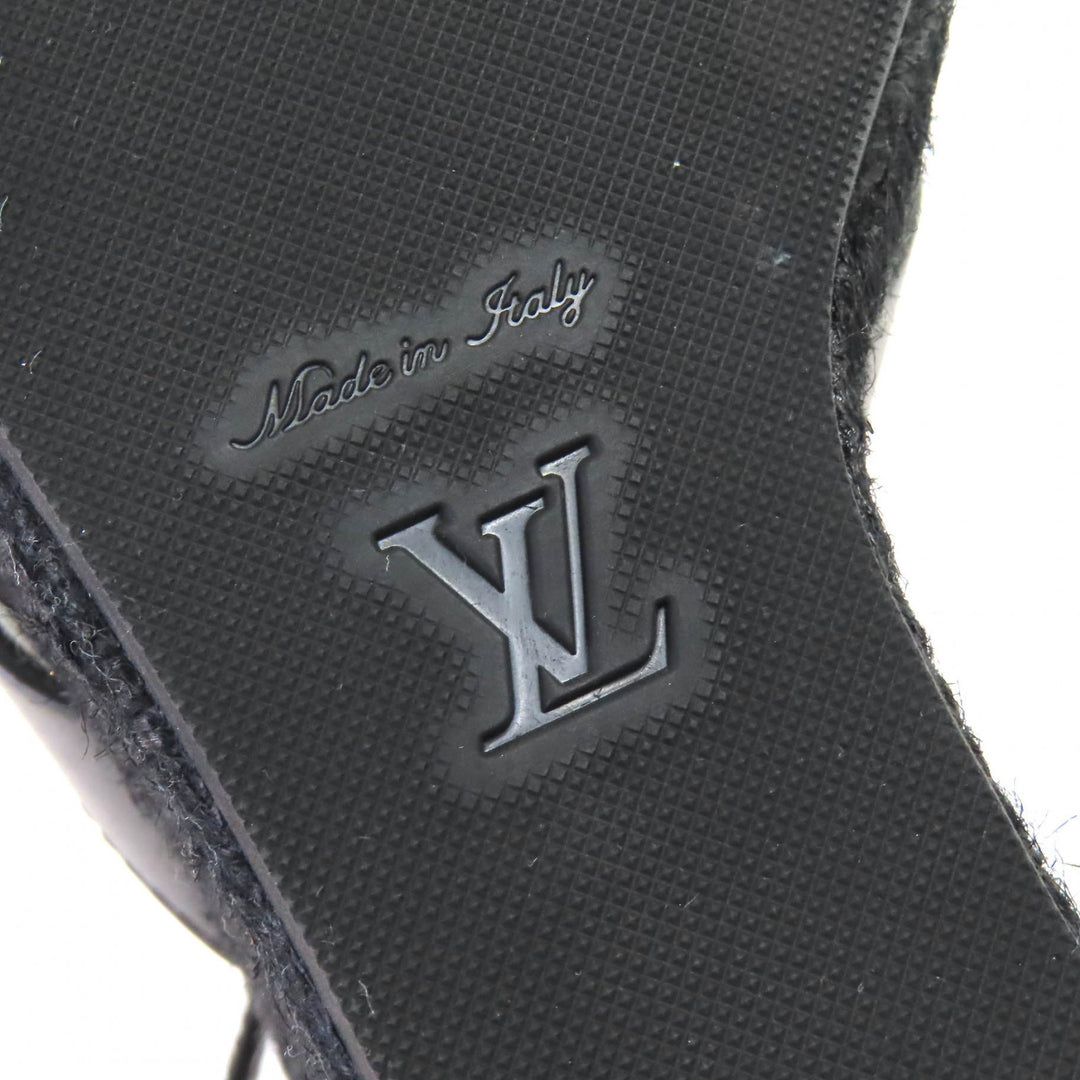 極美品△LOUIS VUITTON ルイヴィトン LVイソラライン アンクルストラップ エスパドリーユ ウェッジソール レザー サンダル ブラック 36.5