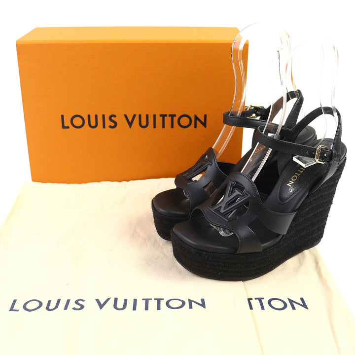 極美品△LOUIS VUITTON ルイヴィトン LVイソラライン アンクルストラップ エスパドリーユ ウェッジソール レザー サンダル ブラック 36.5