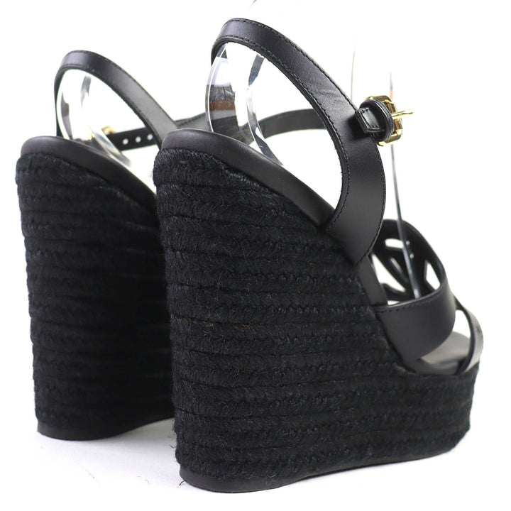 極美品△LOUIS VUITTON ルイヴィトン LVイソラライン アンクルストラップ エスパドリーユ ウェッジソール レザー サンダル ブラック 36.5