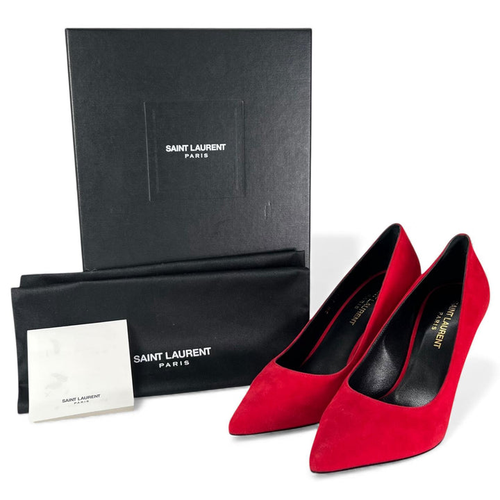 未使用品▲SAINT LAURENT サンローラン スウェードレザー ポインテッドトゥ ピンヒール パンプス レッド 37.5 箱付き 伊製 レディース