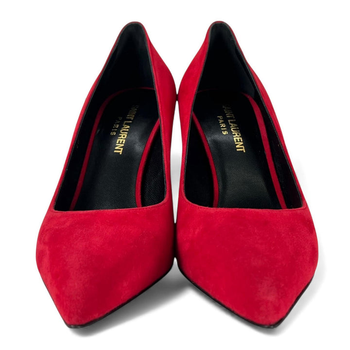 未使用品▲SAINT LAURENT サンローラン スウェードレザー ポインテッドトゥ ピンヒール パンプス レッド 37.5 箱付き 伊製 レディース