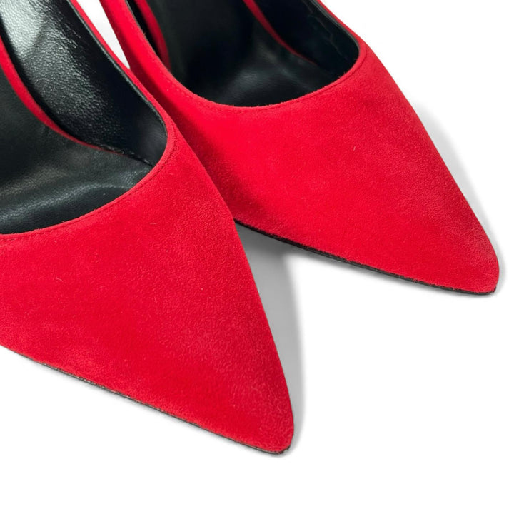 未使用品▲SAINT LAURENT サンローラン スウェードレザー ポインテッドトゥ ピンヒール パンプス レッド 37.5 箱付き 伊製 レディース