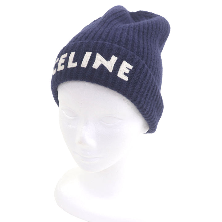 極美品□CELINE セリーヌ 2AH35423P ウール100％ ロゴワッペン ビーニー 帽子 ニットキャップ ネイビー イタリア製 正規品 メンズ