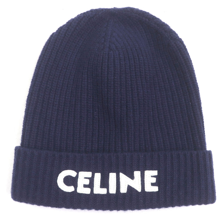 極美品□CELINE セリーヌ 2AH35423P ウール100％ ロゴワッペン ビーニー 帽子 ニットキャップ ネイビー イタリア製 正規品 メンズ