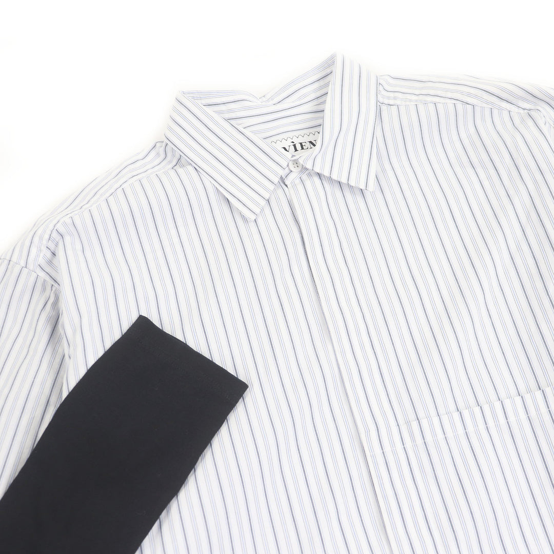 極美品□VIEN ヴィエン JERSEY SLEEVES SHIRT コットン100% ストライプ柄 ドッキングデザイン 長袖シャツ ブルー M イタリア製 メンズ