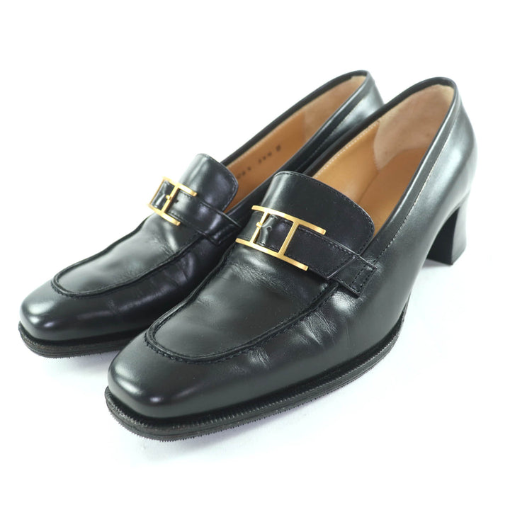 美品★HERMES エルメス ゴールド金具 アピバックル スクエアトゥ チャンキーヒール レザー ローファー ブラック 35.5 箱付き フランス製