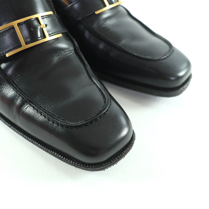 美品★HERMES エルメス ゴールド金具 アピバックル スクエアトゥ チャンキーヒール レザー ローファー ブラック 35.5 箱付き フランス製