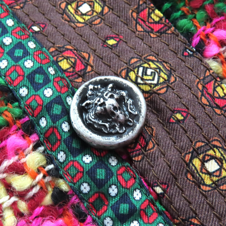 極美品△GUCCI グッチ 596980 一部シルク100％ ライオンボタン 総柄 ウールツイード ロングスカート マルチカラー 36 イタリア製 正規品