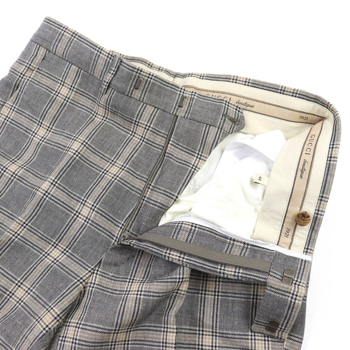 極美品△GUCCI グッチ 707294 リネン ウール boutique グレンチェック センタープレス スラックス パンツ ベージュ 44 イタリア製 正規品