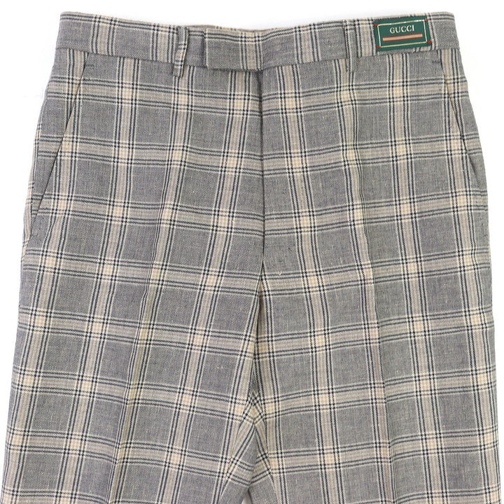 極美品△GUCCI グッチ 707294 リネン ウール boutique グレンチェック センタープレス スラックス パンツ ベージュ 44 イタリア製 正規品