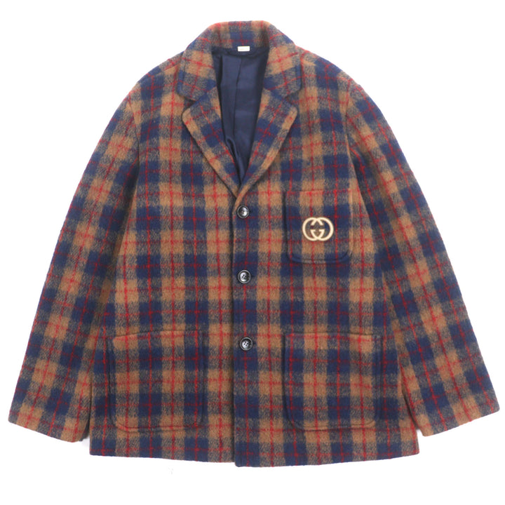 極美品▼GUCCI グッチ 770761 ウール70% インターロッキングGワッペン チェック柄 シングルジャケット テーラード 50 正規品 メンズ