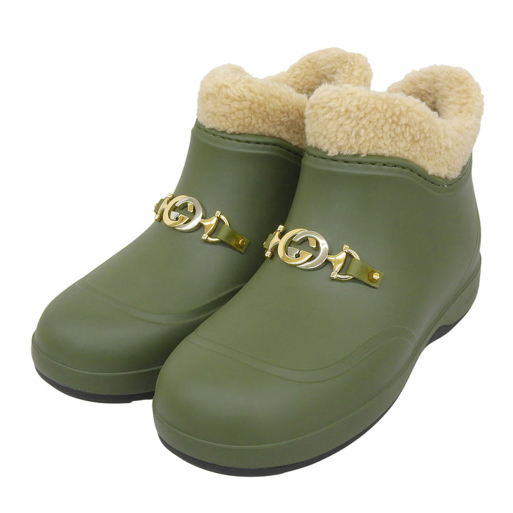 未使用品▲GUCCI グッチ 627890 インターロッキングG ウールライニング ラバー ボア ショートブーツ カーキ 38 箱 伊製 レディース