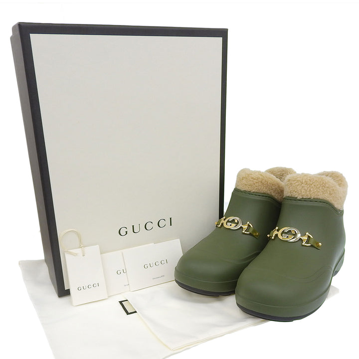 未使用品▲GUCCI グッチ 627890 インターロッキングG ウールライニング ラバー ボア ショートブーツ カーキ 38 箱 伊製 レディース