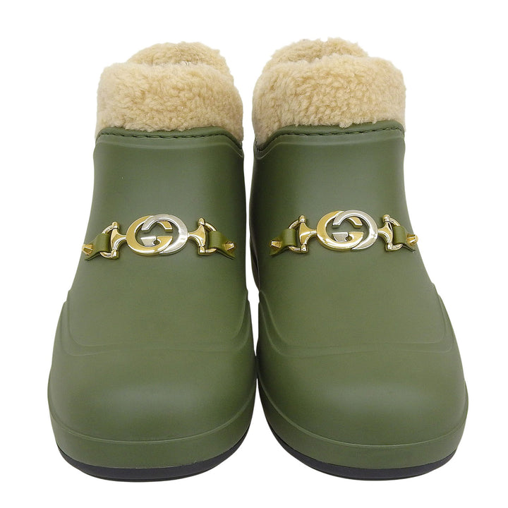 未使用品▲GUCCI グッチ 627890 インターロッキングG ウールライニング ラバー ボア ショートブーツ カーキ 38 箱 伊製 レディース