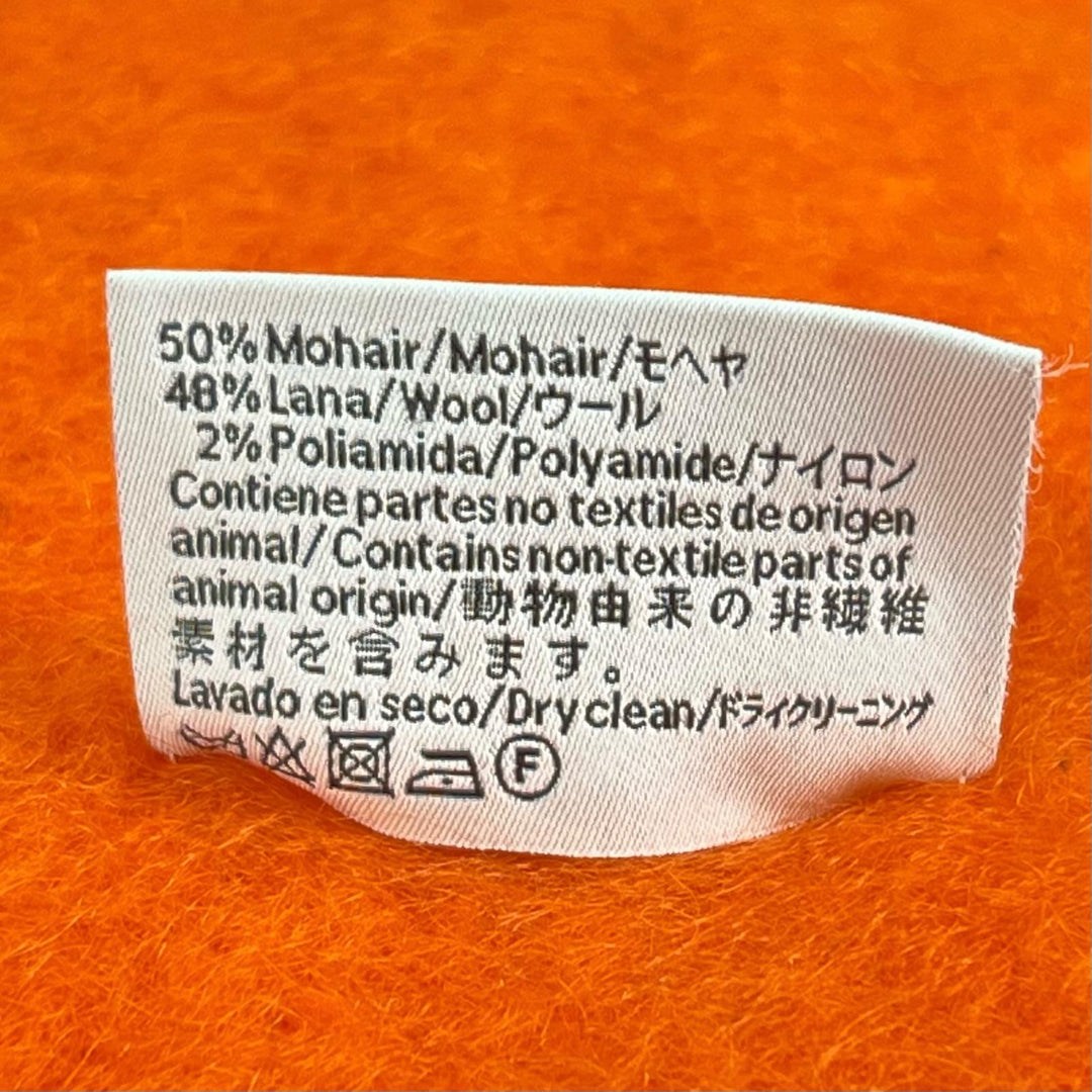 極美品▲LOEWE ロエベ モヘア ウール アナグラムレザーパッチ フリンジ付き マフラー オレンジ スペイン製 正規品 レディース