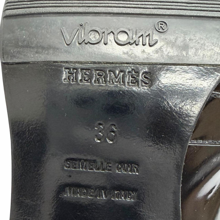 美品△HERMES エルメス グレナン金具 スクエアトゥ パテントレザー ヒール ローファー パンプス ブラック 36 イタリア製 レディース