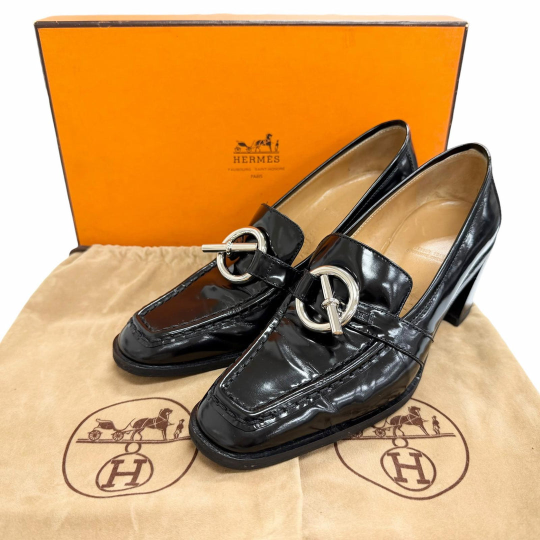 美品△HERMES エルメス グレナン金具 スクエアトゥ パテントレザー ヒール ローファー パンプス ブラック 36 イタリア製 レディース