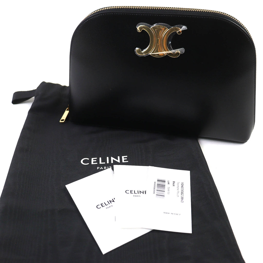 未使用品△CELINE セリーヌ 10N073GEZ カーフスキン トリオンフ ラウンドファスナー ポーチ ブラック ゴールド金具 保存袋付 レディース