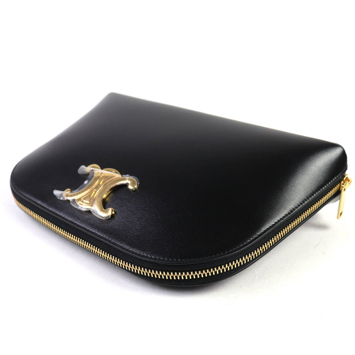 未使用品△CELINE セリーヌ 10N073GEZ カーフスキン トリオンフ ラウンドファスナー ポーチ ブラック ゴールド金具 保存袋付 レディース