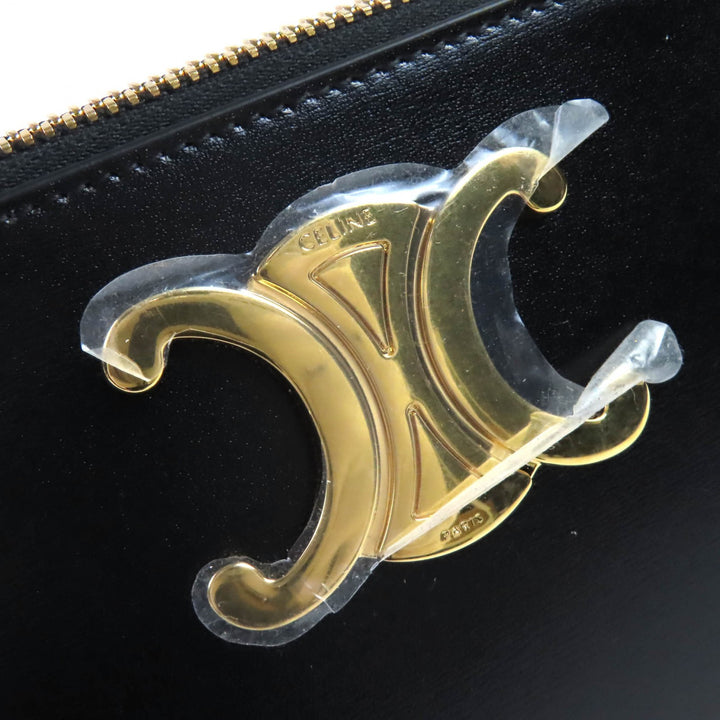 未使用品△CELINE セリーヌ 10N073GEZ カーフスキン トリオンフ ラウンドファスナー ポーチ ブラック ゴールド金具 保存袋付 レディース