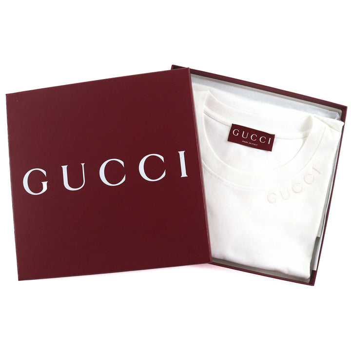 極美品△GUCCI グッチ 787299 ロゴエンブロイダリー コットンジャージー クルーネック 半袖シャツ ホワイト M 箱付き イタリア製 正規品