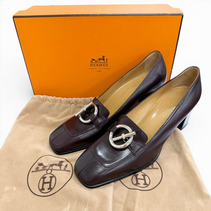 極美品△HERMES エルメス オーベルジーヌ シルバー金具 グレナン金具 スクエアトゥ ヒールローファー レザー パンプス 36.5 レディース