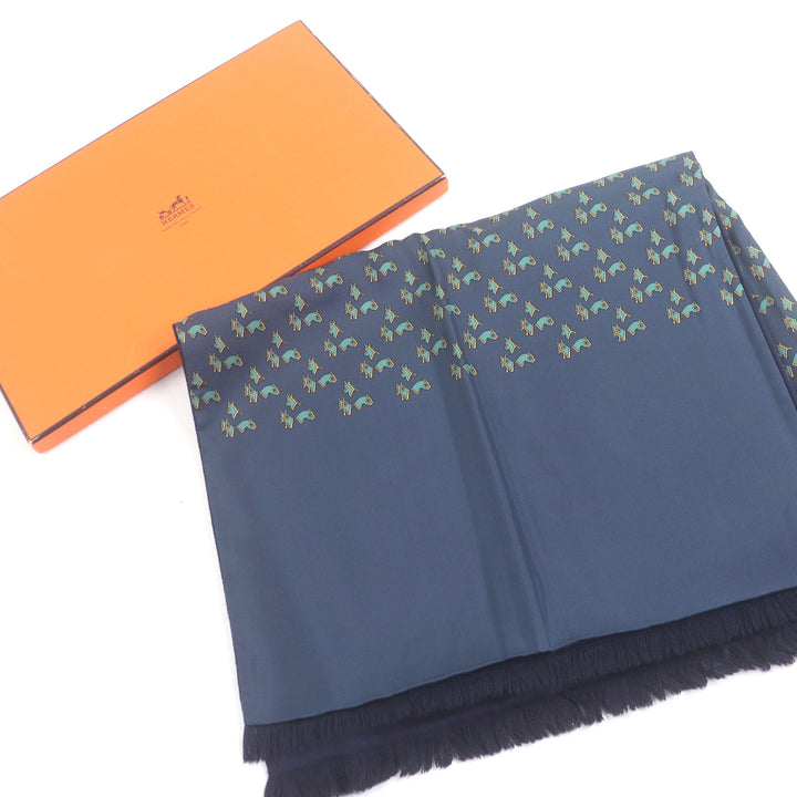 極美品□HERMES エルメス シルク アンゴラ ホース 馬具 総柄 フリンジマフラー ストール ショール ネイビー 箱付き フランス製 メンズ