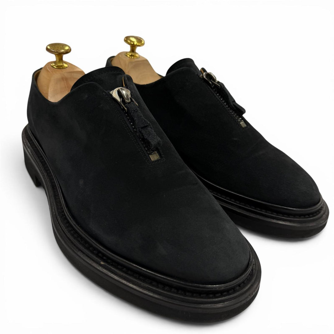 極美品▼GIORGIO ARMANI ジョルジオアルマーニ スウェード ジップアップ プレーントゥ レザーシューズ ブラック 6 イタリア製 メンズ