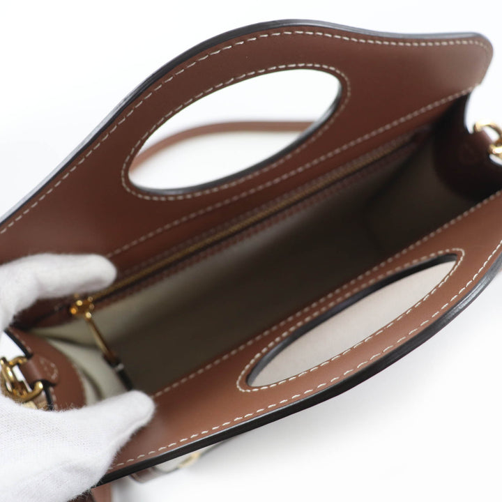 未使用品☆BURBERRY バーバリー ミニ ポケットバッグ 2WAY コットンキャンバス レザー ハンドバッグ ショルダーバッグ ブラウン系