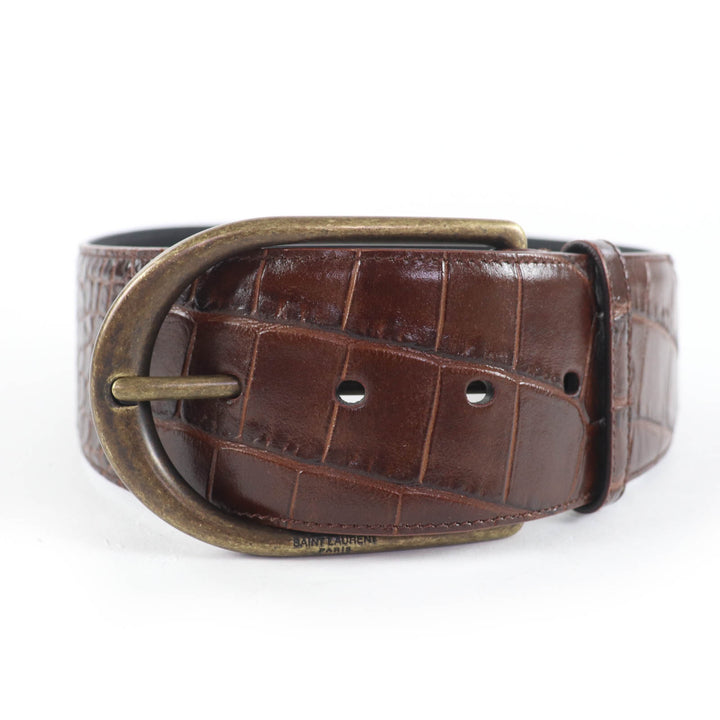 極美品☆SAINT LAURENT サンローラン GRZ619783 ロゴ入り クロコ型押し レザー ベルト ブラウン 65 保存袋付き イタリア製 レディース