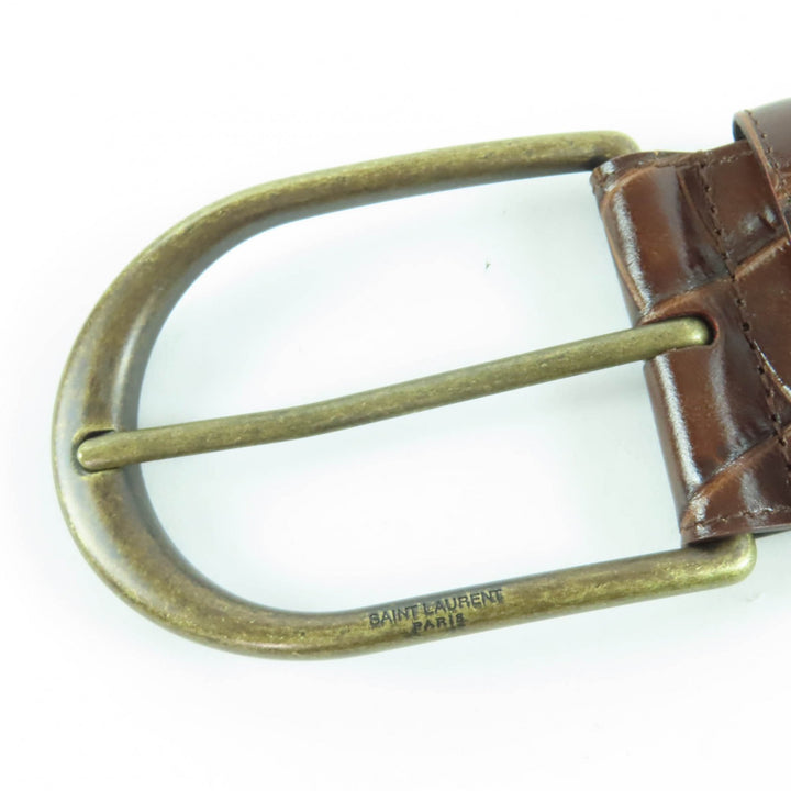 極美品☆SAINT LAURENT サンローラン GRZ619783 ロゴ入り クロコ型押し レザー ベルト ブラウン 65 保存袋付き イタリア製 レディース
