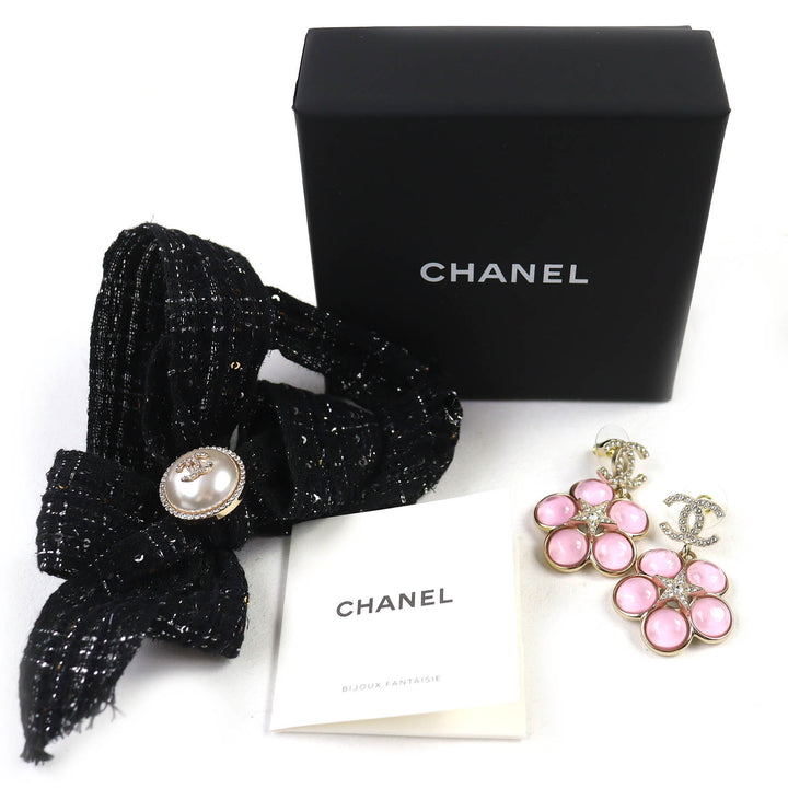 未使用品△CHANEL シャネル F24B ABE285 ココマークラインストーン スター フラワー ピアス 両耳用 ピンク ゴールド金具 箱付き 仏製