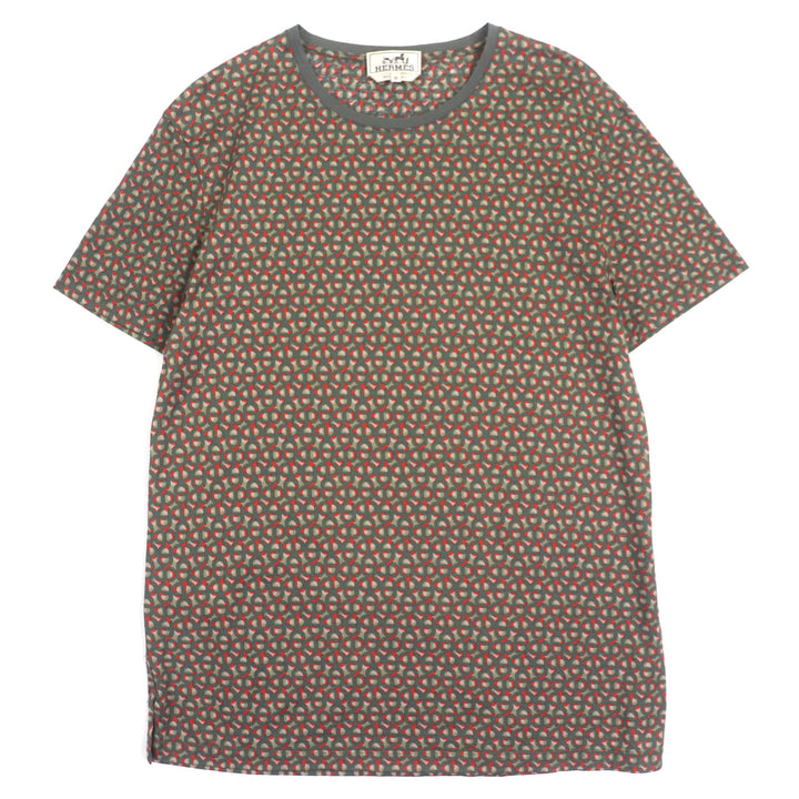 極美品▼HERMES エルメス コットン シェーヌダンクル柄 クルーネック ショートスリーブ 半袖Ｔシャツ カーキ M イタリア製 正規品 メンズ