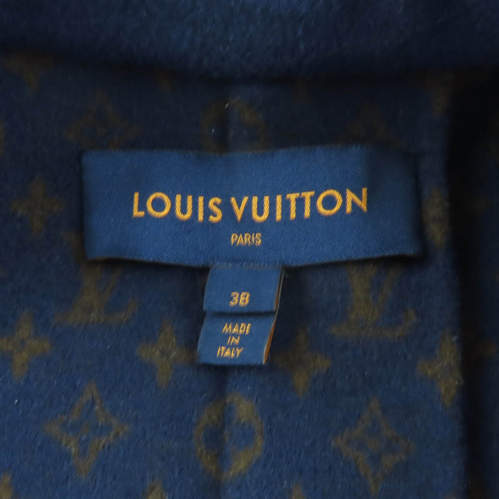 極美品★LOUIS VUITTON ルイヴィトン ウール シルク混 モノグラム ロゴデザイン ベルテッドコート ネイビー 38 イタリア製 正規品