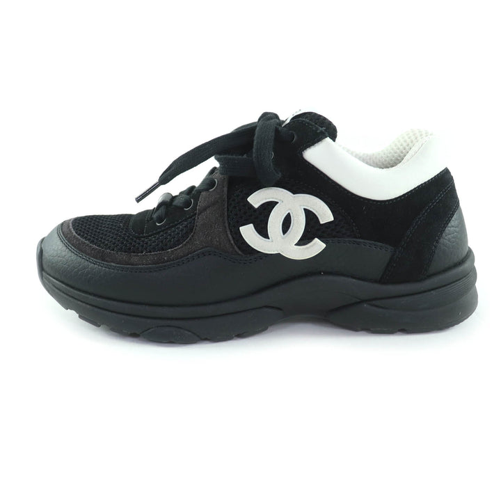 極美品★CHANEL シャネル G38299 ココマーク レザー使い レースアップ スニーカー ブラック ホワイト 37 箱・保存袋付き イタリア製