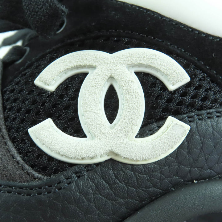 極美品★CHANEL シャネル G38299 ココマーク レザー使い レースアップ スニーカー ブラック ホワイト 37 箱・保存袋付き イタリア製