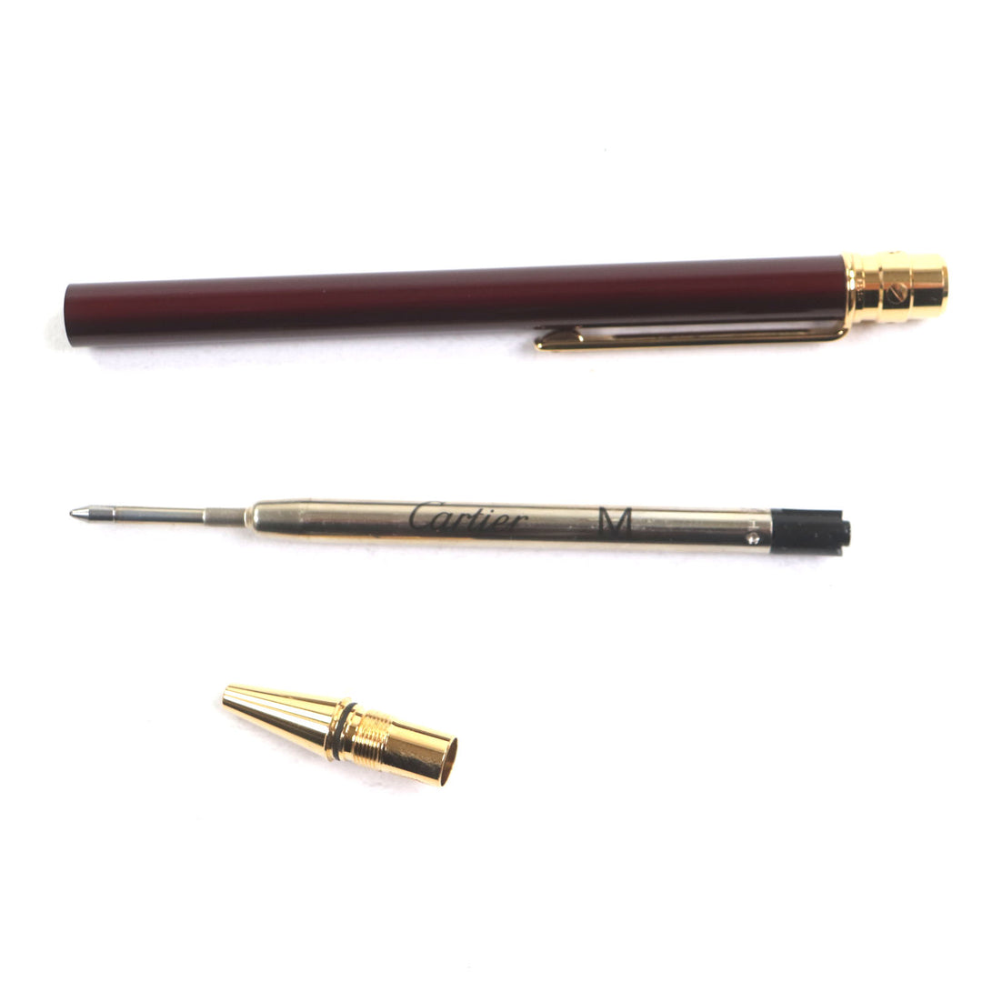 未使用品▼Cartier カルティエ サントス ドゥ カルティエ ロゴ刻印入り ツイスト式 ボールペン ボルドー ゴールド 箱付き 筆記確認済み