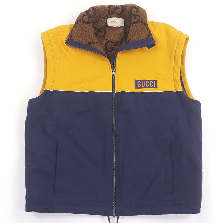 美品□GUCCI グッチ 673635 裏ボア GGロゴ総柄 2WAY テクニカルジャージー ベスト/ジャケット ネイビー イエロー M ハンガー付き 正規品
