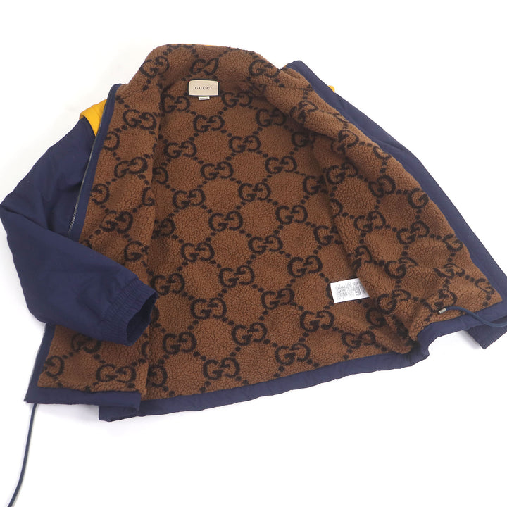 美品□GUCCI グッチ 673635 裏ボア GGロゴ総柄 2WAY テクニカルジャージー ベスト/ジャケット ネイビー イエロー M ハンガー付き 正規品