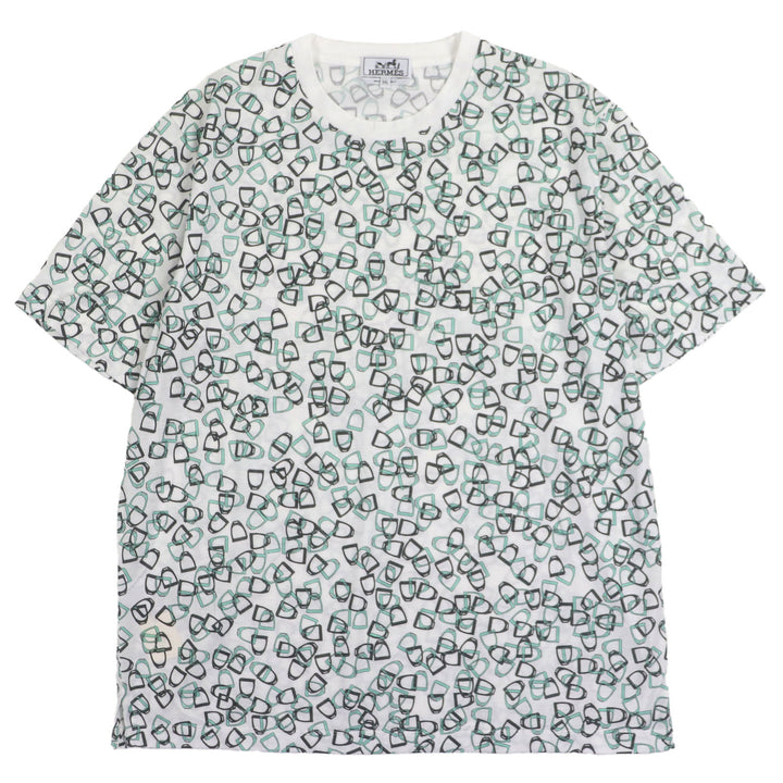 極美品▼HERMES エルメス ETRIERS コットン100% ビット 総柄 クルーネック ショートスリーブ 半袖Ｔシャツ グリーン系 XXL 正規品