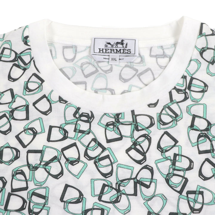 極美品▼HERMES エルメス ETRIERS コットン100% ビット 総柄 クルーネック ショートスリーブ 半袖Ｔシャツ グリーン系 XXL 正規品