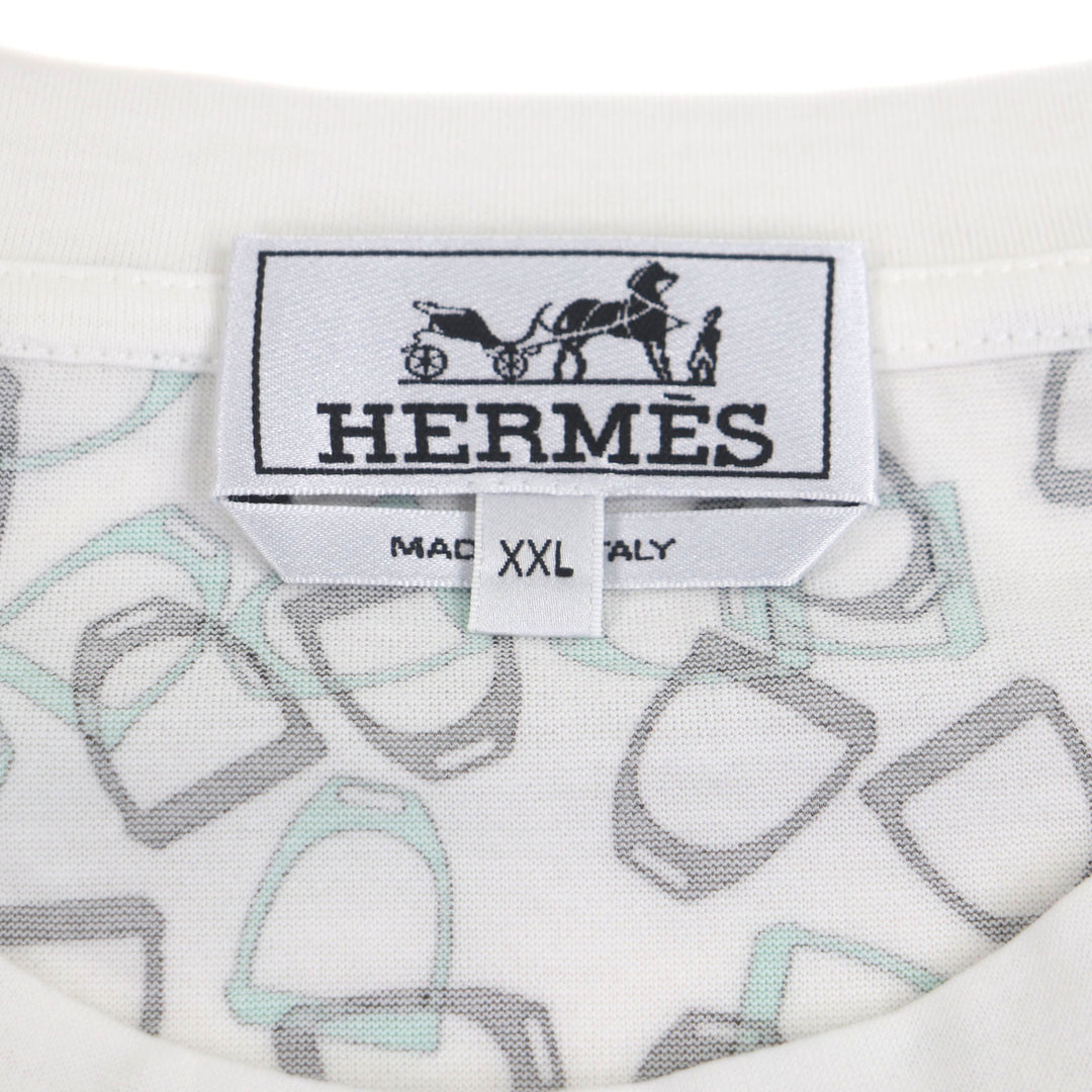 極美品▼HERMES エルメス ETRIERS コットン100% ビット 総柄 クルーネック ショートスリーブ 半袖Ｔシャツ グリーン系 XXL 正規品