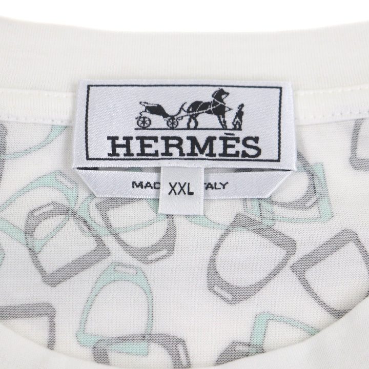 極美品▼HERMES エルメス ETRIERS コットン100% ビット 総柄 クルーネック ショートスリーブ 半袖Ｔシャツ グリーン系 XXL 正規品