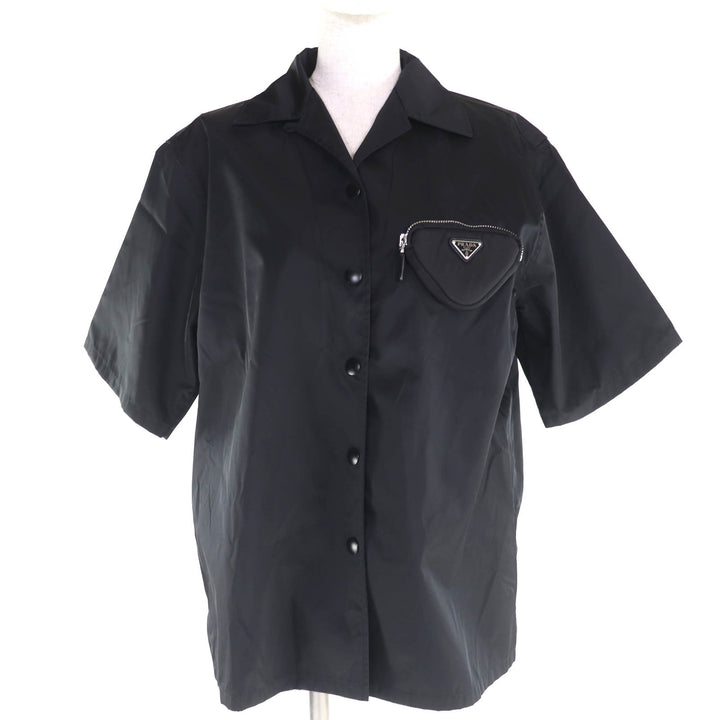 極美品★PRADA プラダ 24X702 Re-Nylon トライアングルロゴプレート ポーチ付 半袖シャツ ブラック 38 イタリア製 正規品 レディース