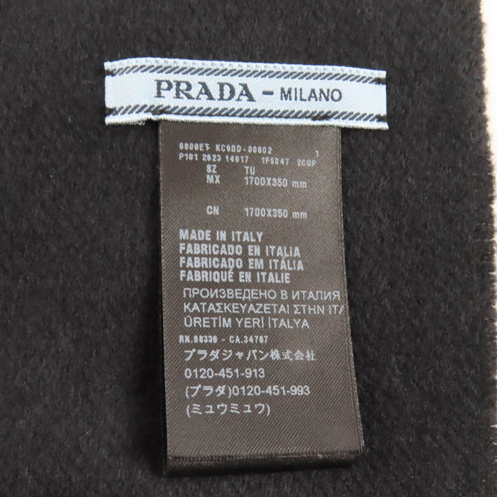 美品★PRADA プラダ 2023年製 1FS047 シルク カシミヤ混 トライアングルロゴプレート付 フリンジ マフラー 黒 1700×350mm 箱付 正規品