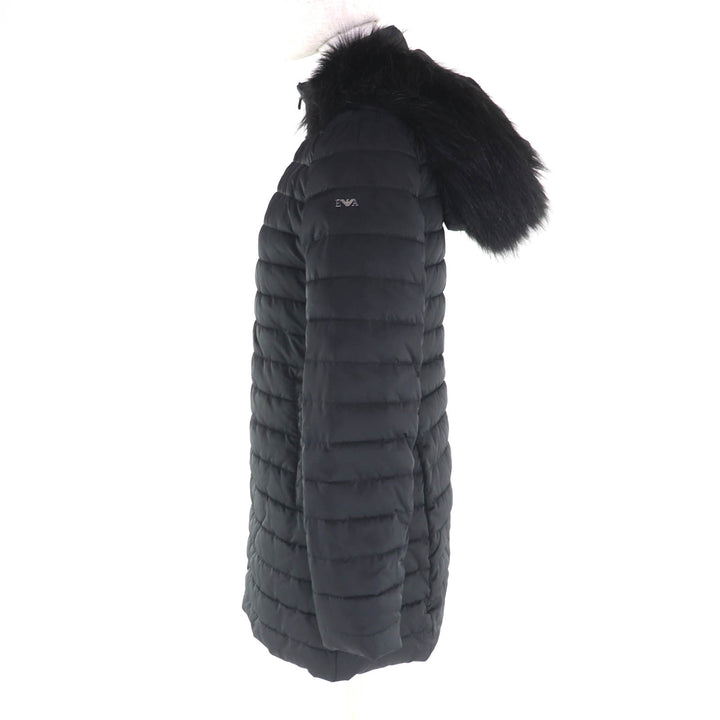 美品★EMPORIO ARMANI エンポリオ アルマーニ 6Z2B76 2NAGZ フェイクファー・フード・ロゴ金具付 スタッズ装飾 中綿コート 黒 40 正規品