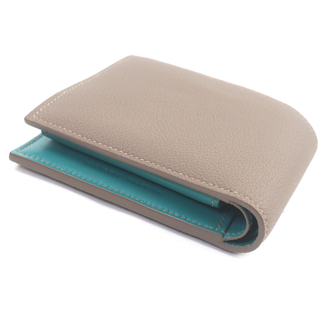 極美品□MAISON TAKUYA メゾンタクヤ T5 Wallet レザー コンパクトウォレット 二つ折り財布 ベージュ ターコイズブルー 箱・保存袋付き
